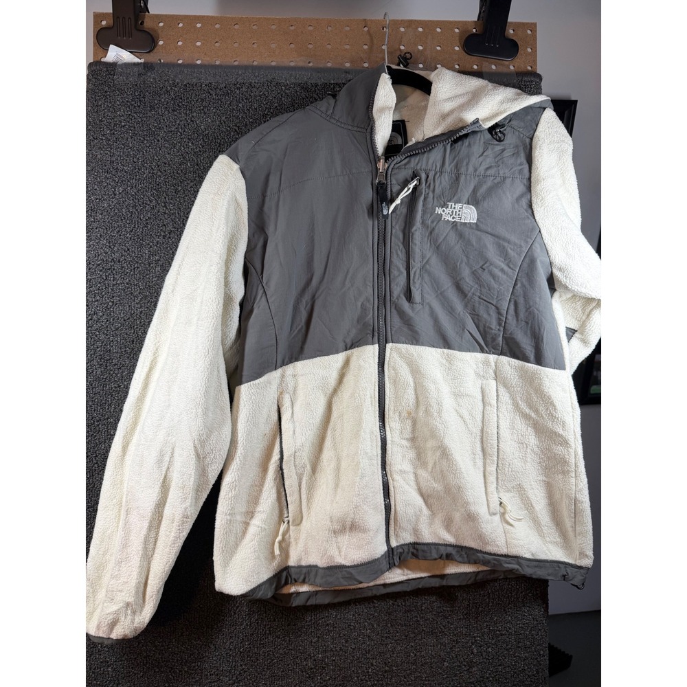 The North Face Denali Hooded Jacket Womens L Cream Grey Fleece Full Zip 281